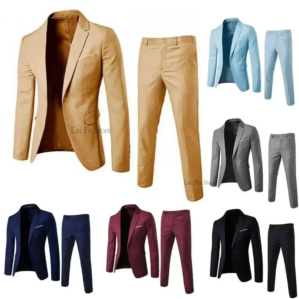 Descubra nossa coleção Selluve conjunto elegante masculino, oferecendo uma variedade de blazers e calças combinando em bege, azul claro, cinza, azul marinho, bordô e preto. Cada conjunto é lindamente apresentado contra um fundo branco para um visual refinado.