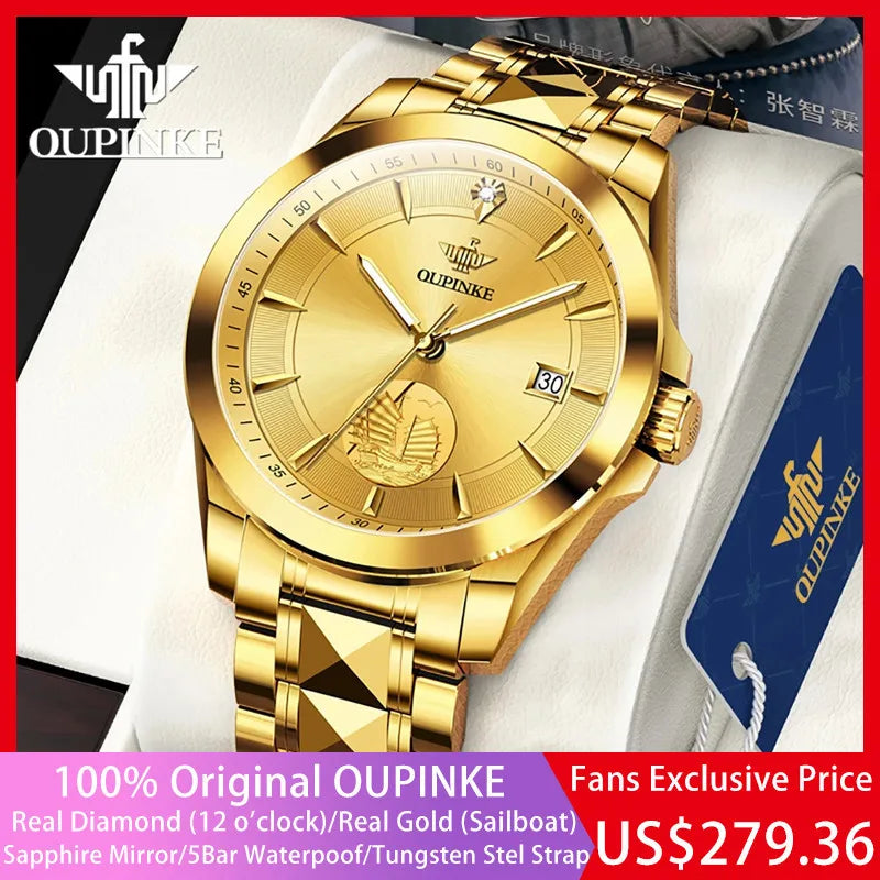 O luxuoso relógio de pulso Selluve OUPINKE Certificação Suíça em ouro apresenta um mostrador detalhado com um design de veleiro e marcadores de diamante. Esta maravilha mecânica automática original ostenta ouro verdadeiro, espelho de safira e pulseira de aço de tungstênio. Disponível como exclusivo para fãs por US$ 279,36.
