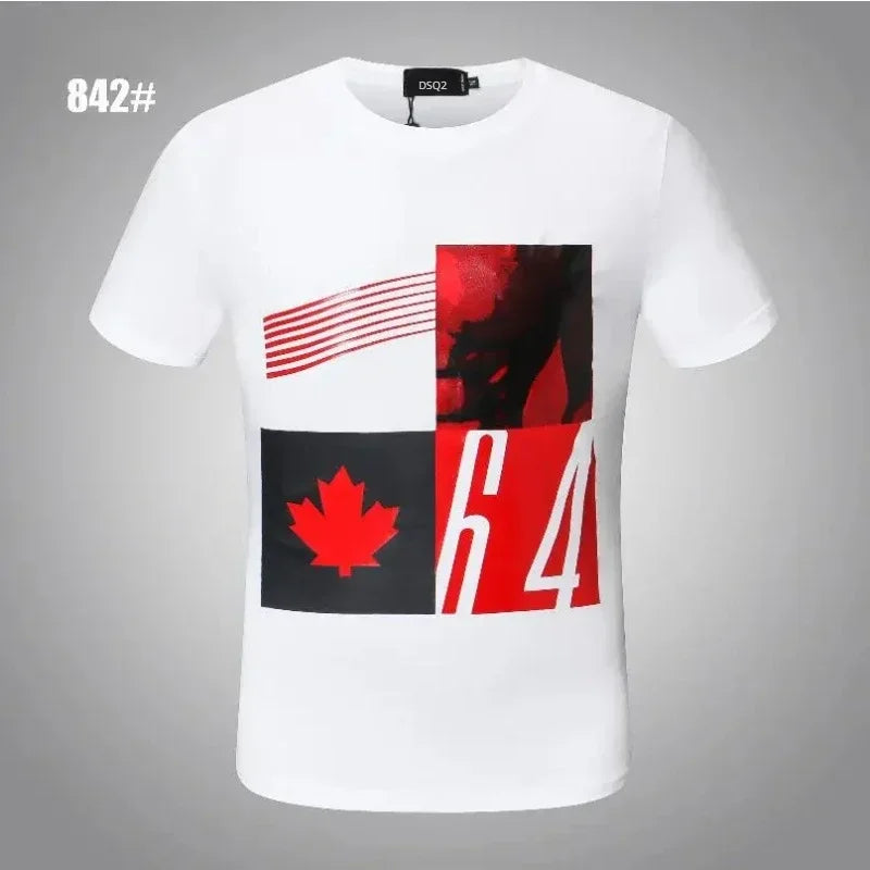 A camiseta Selluve Hot Dsq2 Cotton Letter apresenta um design DSQ2 ICON com uma folha de bordo vermelha, padrões abstratos vermelho/preto e o número 64 em Algodão de alta qualidade. Esta peça de 2024 se destaca no cinza.