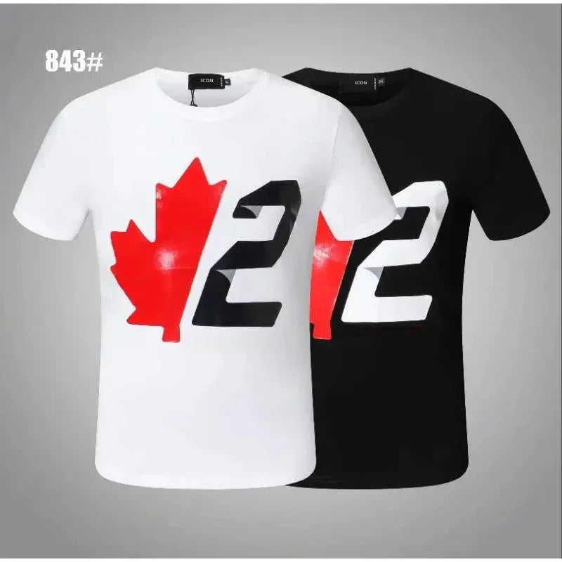 As camisetas New Lable Dsq2 Men da Selluve apresentam dois designs: uma camisa branca com uma etiqueta preta no pescoço e uma Camiseta ICON Hip Hop preta. Ambas exibem uma folha de bordo vermelha e um 2 distinto na frente, feitas de algodão de alta qualidade.