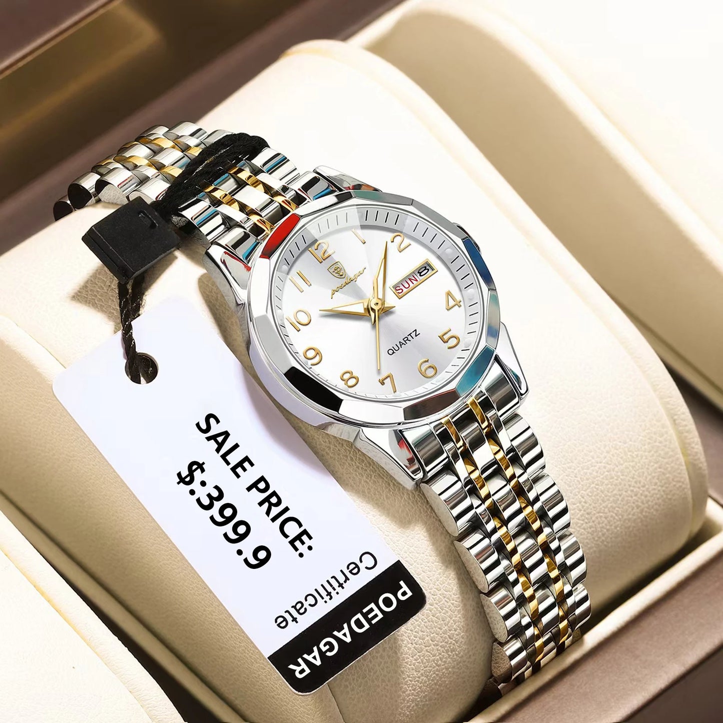 O relógio de pulso de luxo Selluve, Relógios de Quartzo Femininos de Aço Instável de Alta Qualidade, apresenta pulseira em prata e ouro e é apresentado em caixa acolchoada. Possui mostrador prateado com marcadores de horas dourados, ao preço de promoção de US$ 399,9, destacando sua resistência à água: FOEDGARI Certificatie.