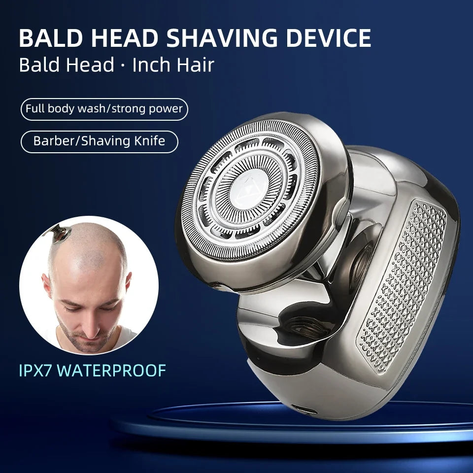 Imagem promocional do Selluve Barbeador Elétrico Masculino 5 em 1, mostrando um homem raspando a cabeça. Destaques: lavagem completa do corpo, forte potência, lâmina de barbear, à prova d’água IPX7 e tecnologia avançada para grooming completo.