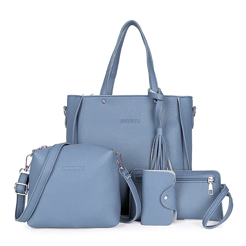 Explore o Handbag Set for Women da Selluve, apresentando bolsas de couro azul como uma grande bolsa tote com borlas e uma bolsa crossbody. Cada peça incorpora elegância e praticidade, apresentando designs simples com detalhes prateados que realçam seu estilo sem esforço.