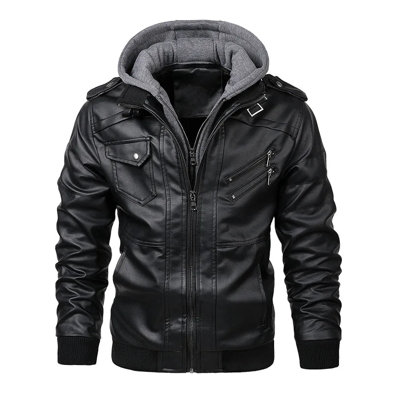 A Selluve Inverno Moda Masculina é uma jaqueta preta de couro sintético com bolsos com zíper e capuz cinza removível em tecido. Feita de couro PU estiloso, ela apresenta um design slim-fit, fecho de zíper frontal, dragonas nos ombros e punhos e bainha canelados para um visual europeu-americano chique.