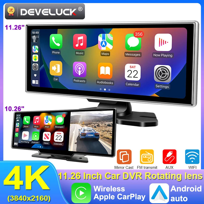 O DVR automotivo Selluve 4K de 11,26 polegadas apresenta um design elegante com ícones para telefone, música, mapas e configurações. Os rótulos destacam sua resolução Gravação 4K Ultra HD, compatibilidade sem fio com Apple CarPlay e Android Auto e lente giratória. Um display menor abaixo mostra uma imagem do carro.