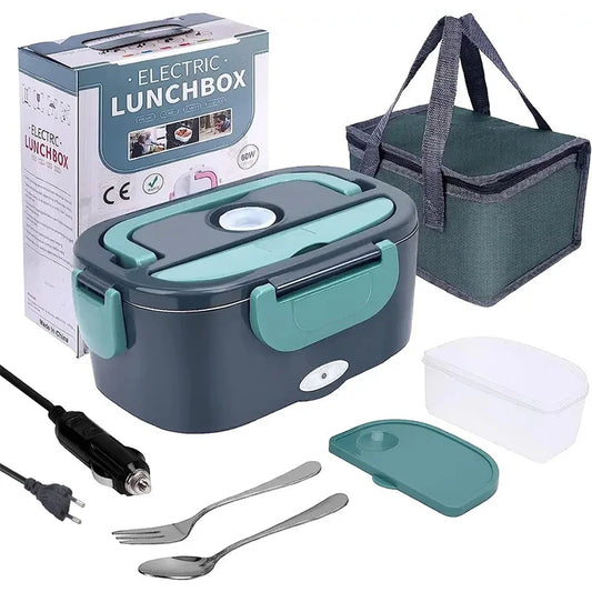 O Selluve Lancheira Elétrica Aquecedor de Alimentos Portátil, nas cores verde escuro e azul-petróleo, é apresentado com embalagem, saco térmico para transporte diário, recipiente plástico, cabos de alimentação, garfo, colher e tampa sobre fundo branco para aquecimento prático de refeições.